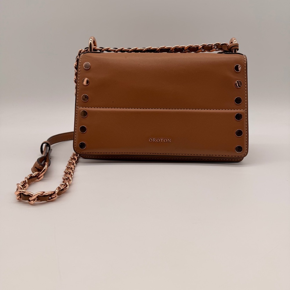 Oroton Leather Crossbody – Tan with Rose Gold Chain (almost new)